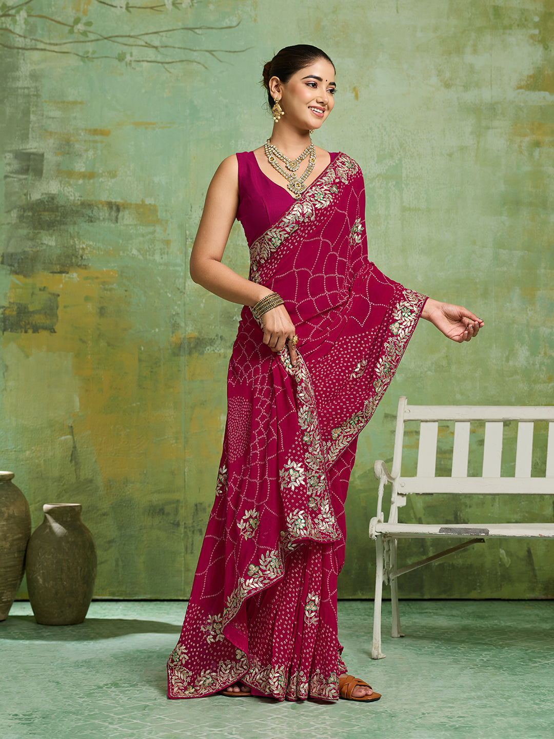 KcPc Pure Georgette Bandhani Style With Gotapatti Work Saree PIF