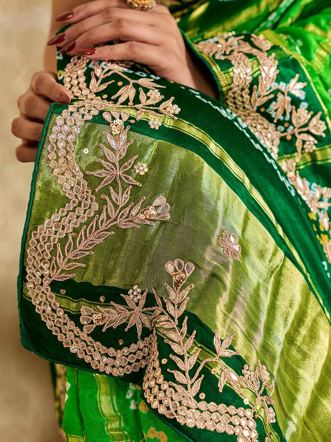 Buy Gaji Silk Saree With Bandhani Style Gota Patti Work KcPc