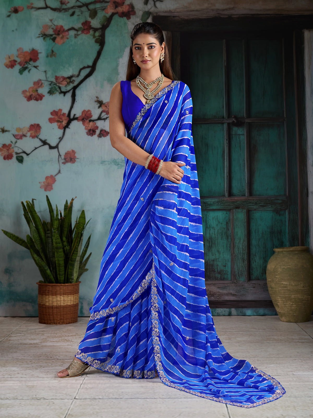 KcPc Premium Georgette Leheriya Saree with Peturn Work SWA