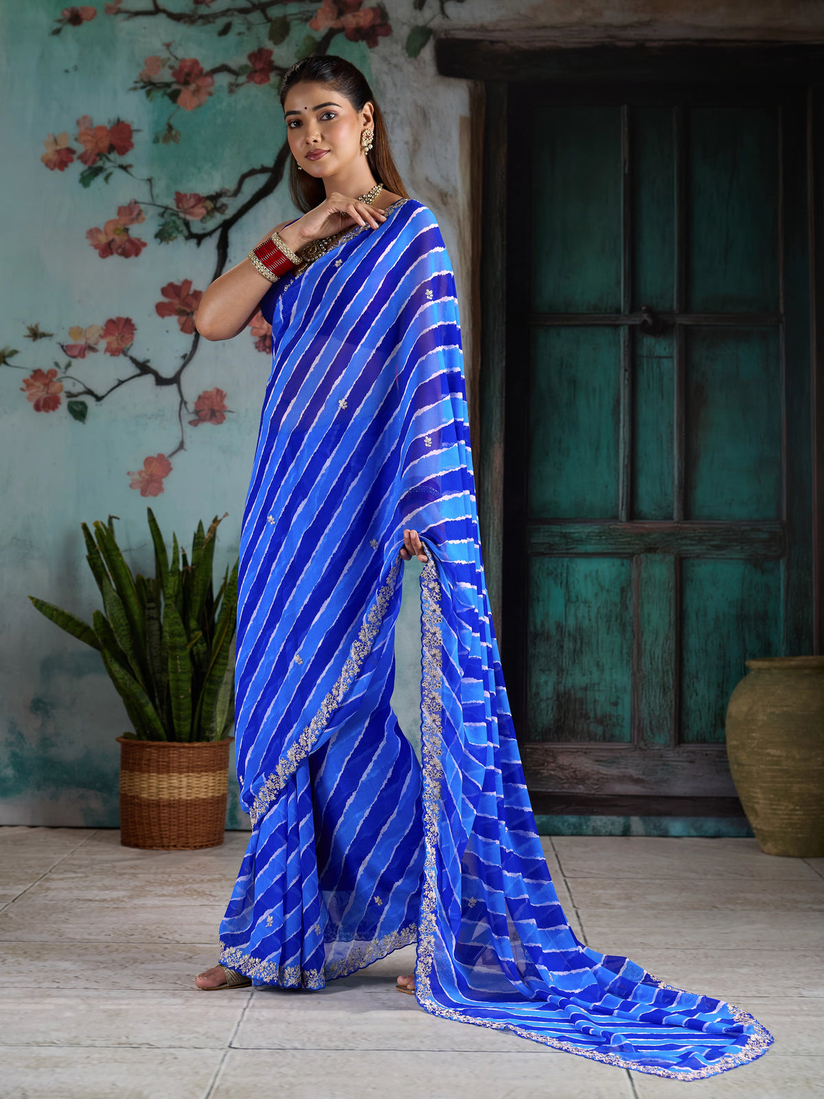 KcPc Premium Georgette Leheriya Saree with Peturn Work SWA