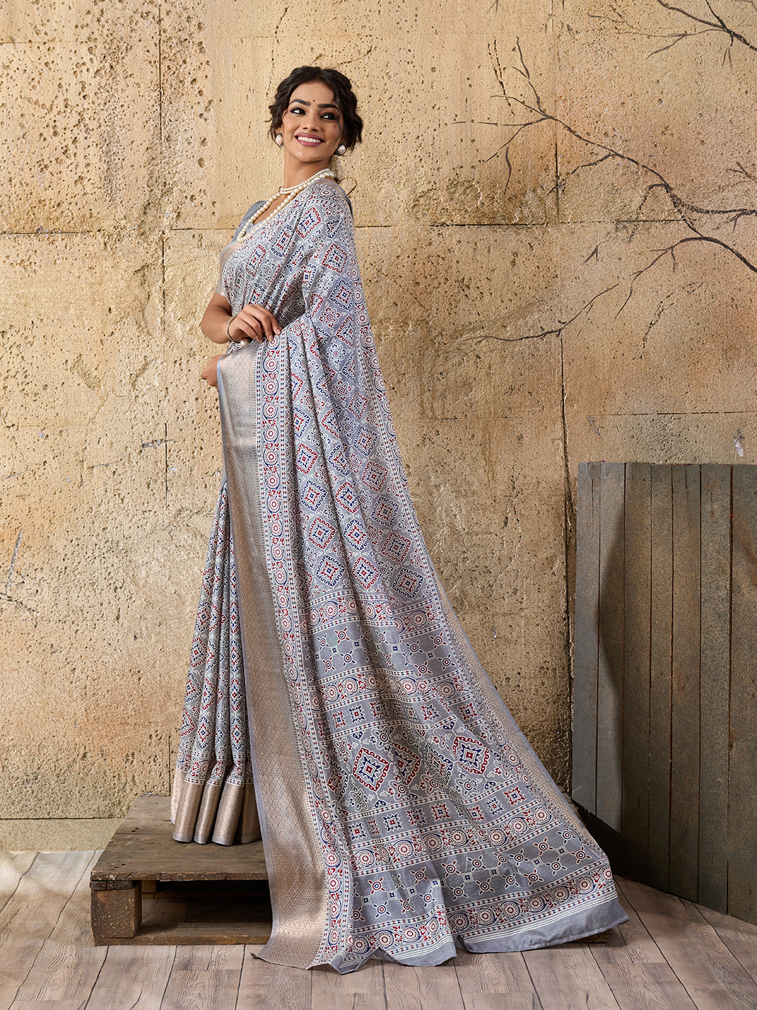 Buy Cotton silk Ajrakh style Saree Kcpc img - 3