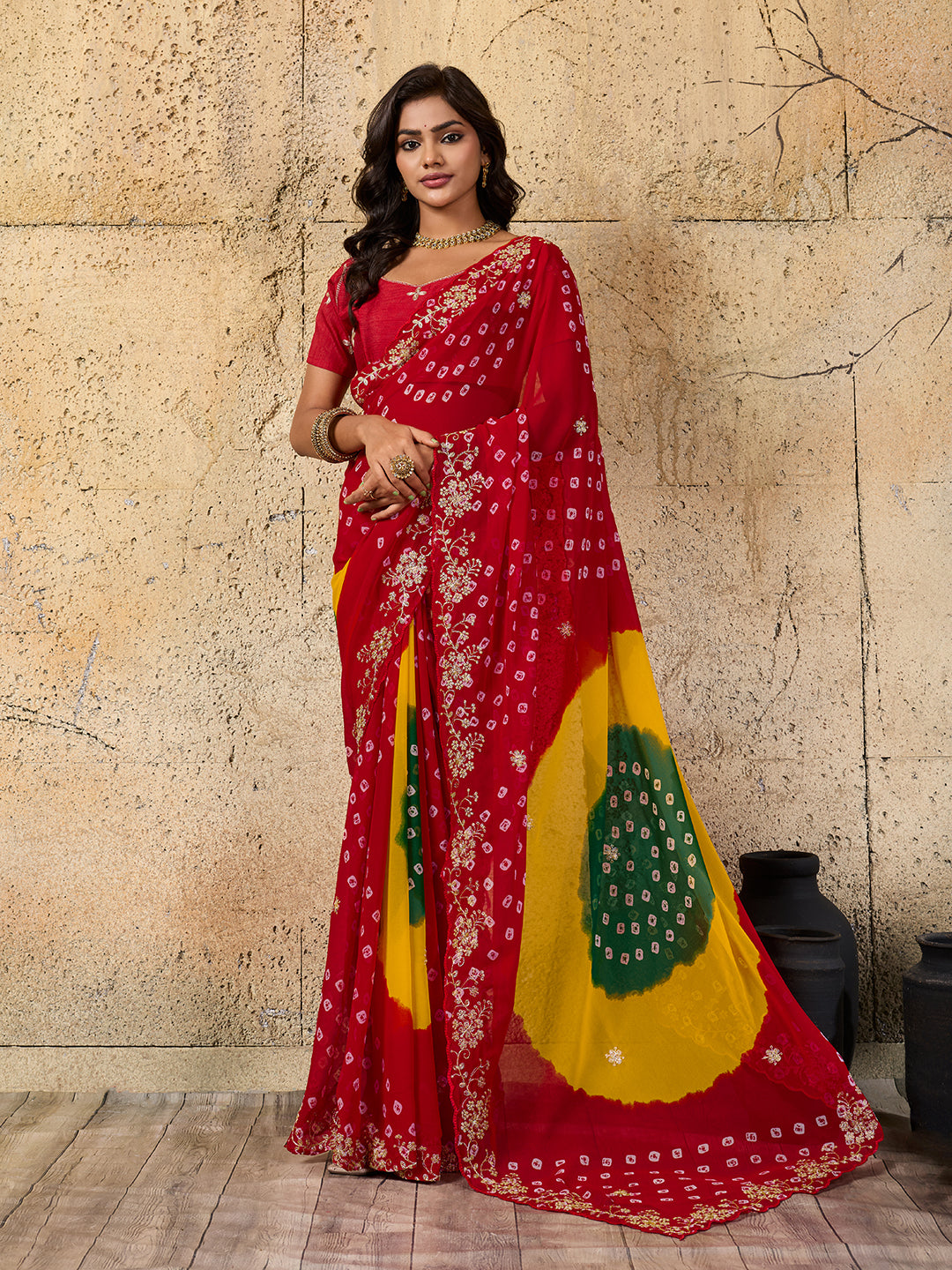By Traditional Bandhani Style Georgette Saree Perfect Festive Collection