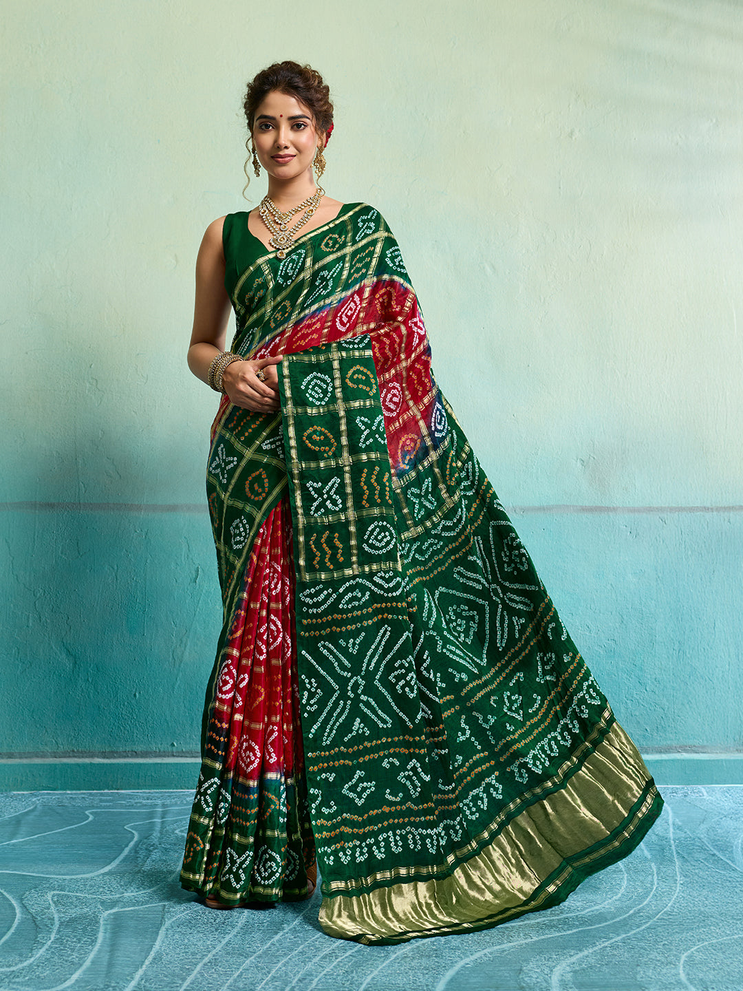 KcPc Latest Pure Gaji Silk Bandhani Ghatchola SareeRed Green