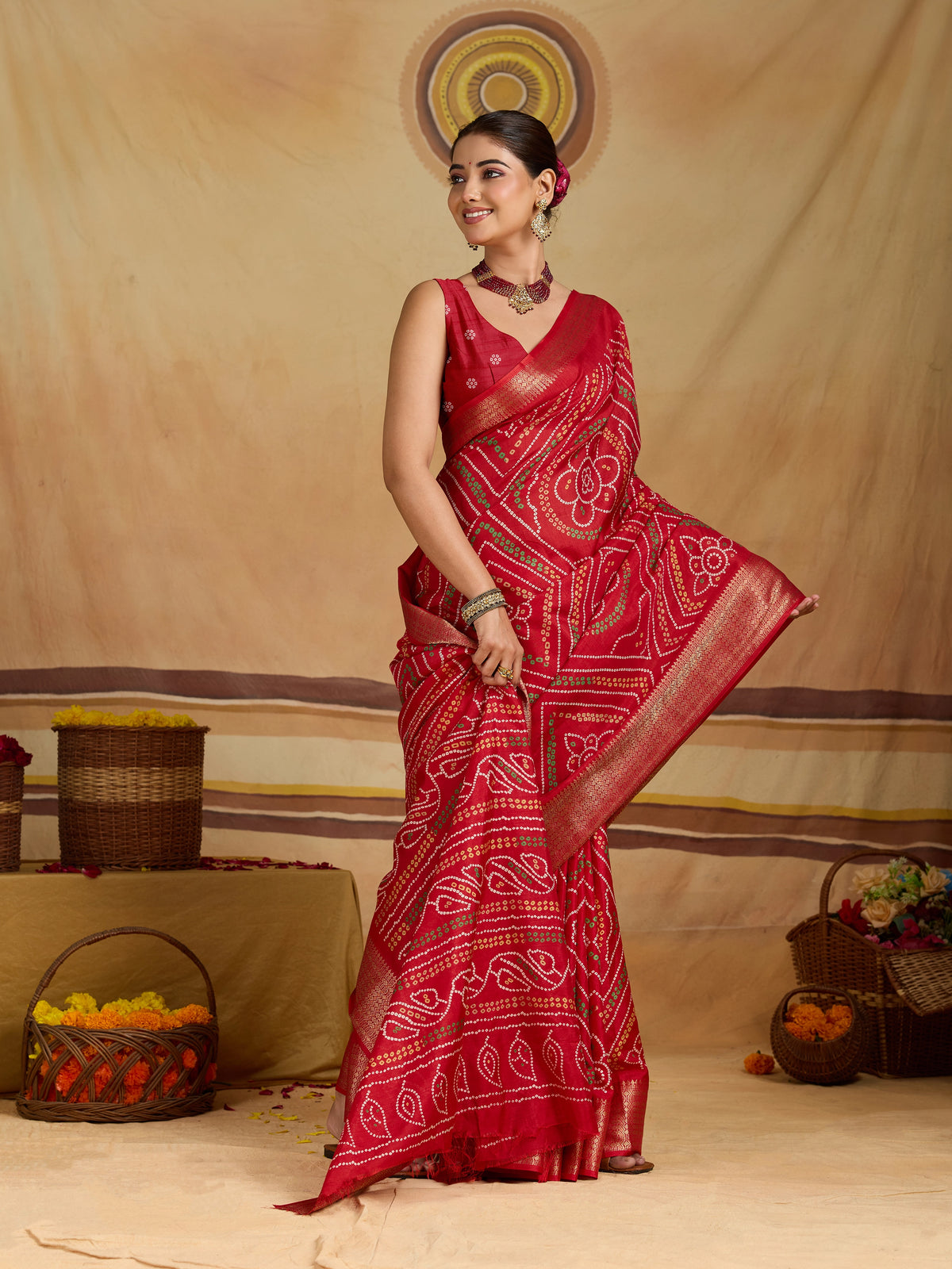 KcPc New Cotton Silk Bandhani Style With Zari Border Work Saree STL