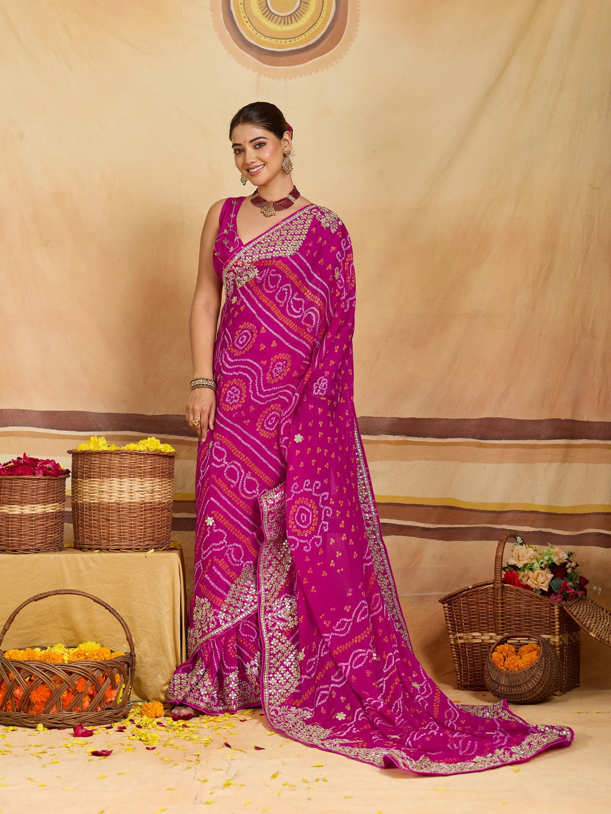 KcPc New Pure Ojariya Bandhani Saree with Gotapatti Work