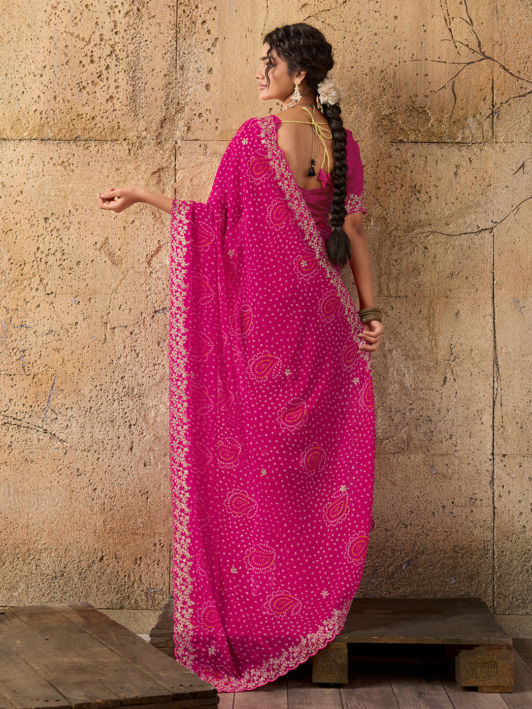 Chiffon Hand Pitta Aari Work Bandhani Sareein rani colour