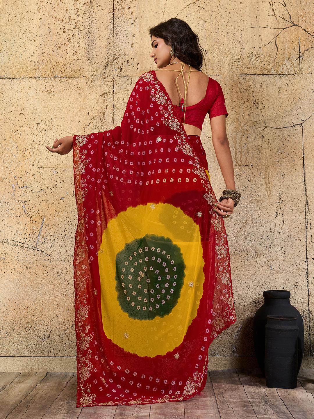 By Traditional Bandhani Style Georgette Saree Perfect Festive Collection