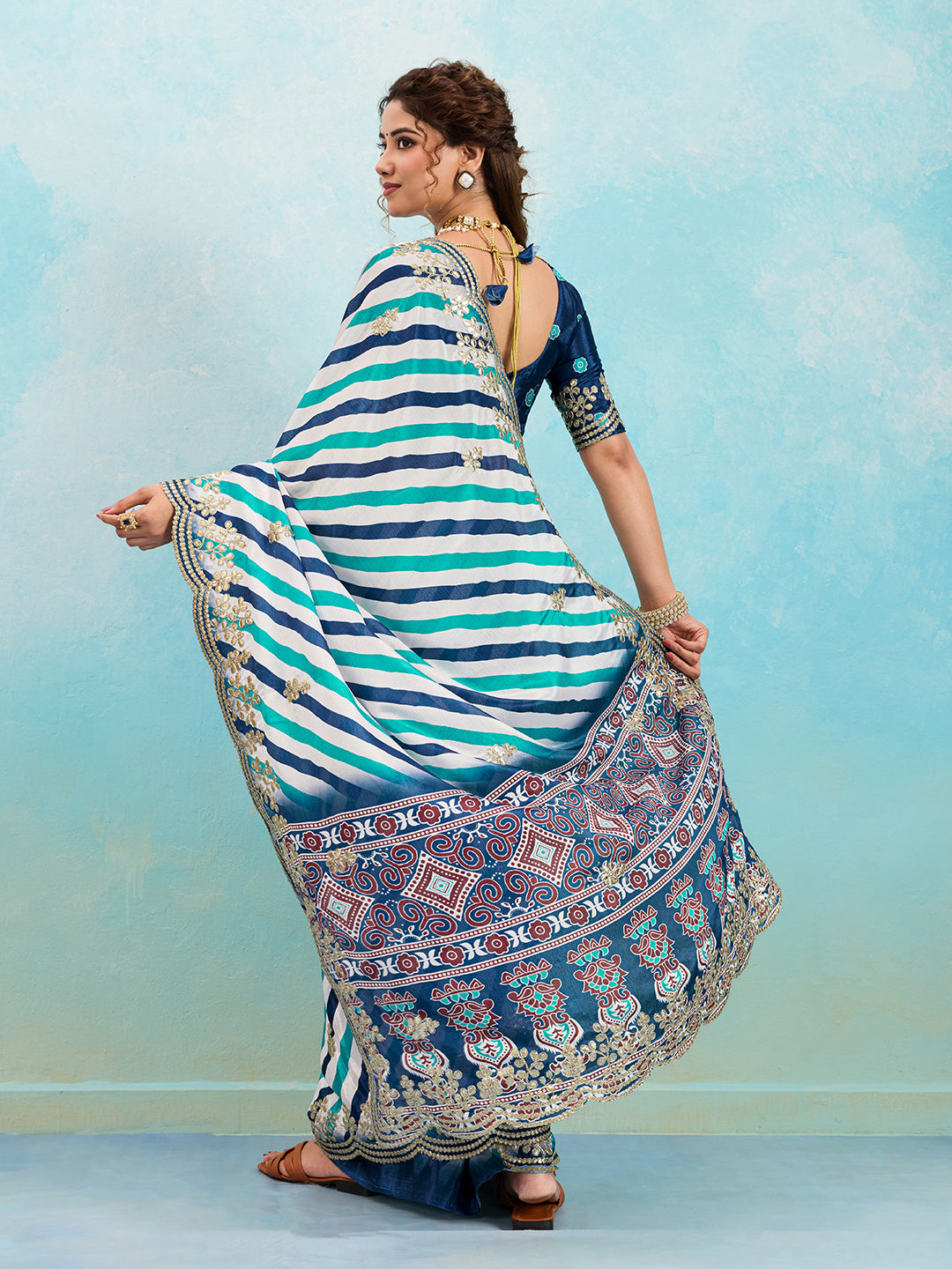 Buy Leheriya Chinon Silk Saree with Gotapatti Work
