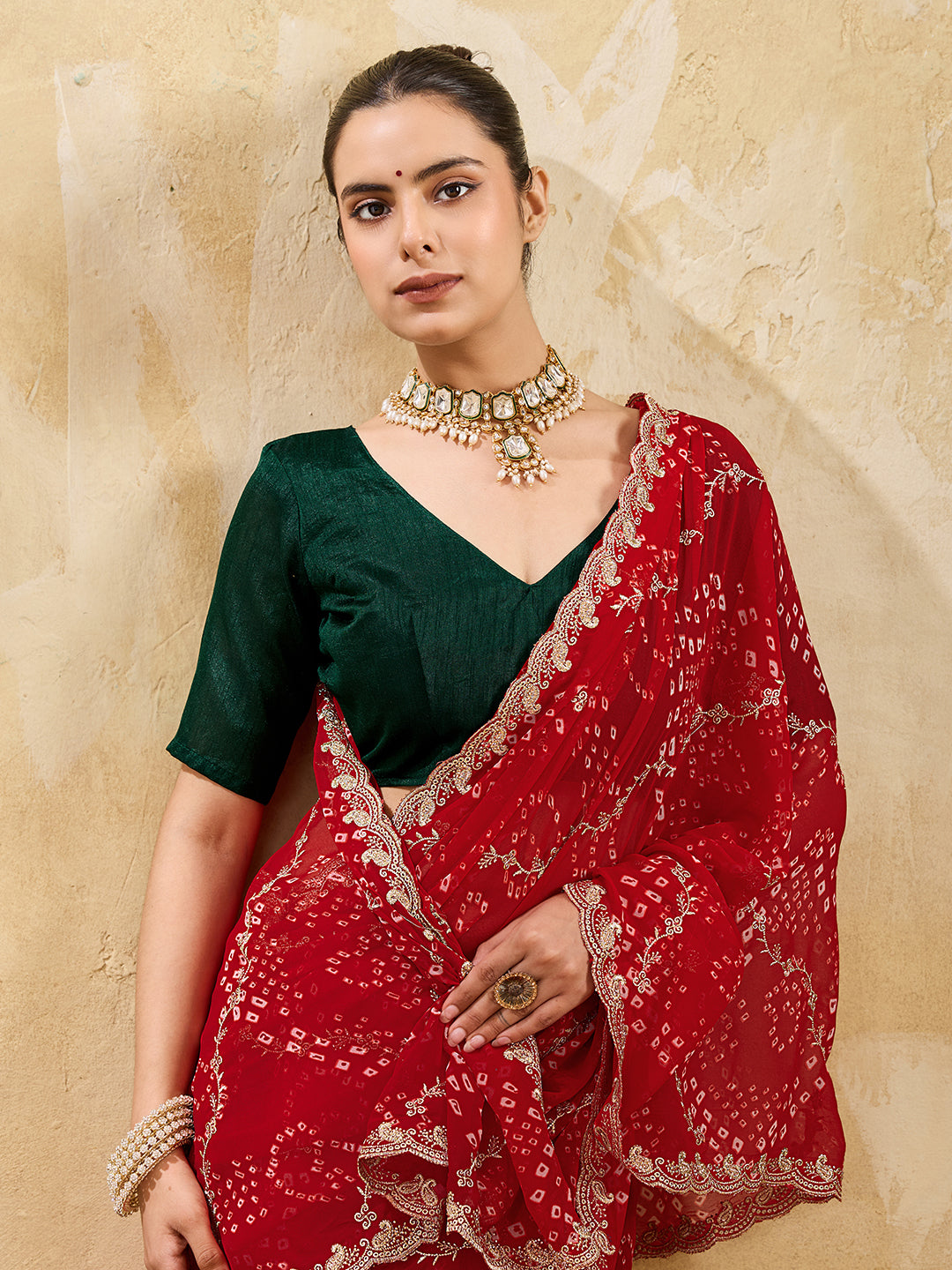 By Bandhani Saree With Kashida Emboridory Work