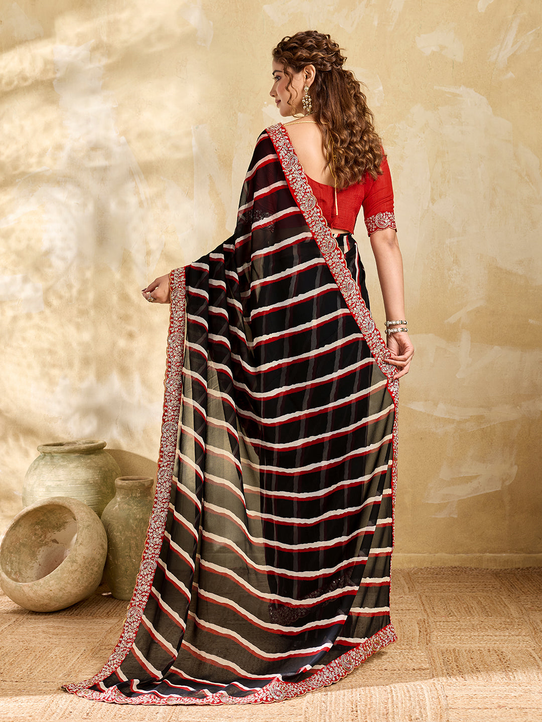 By New Launch Chiffon Leheriya Style With Embroidery Border Work Saree