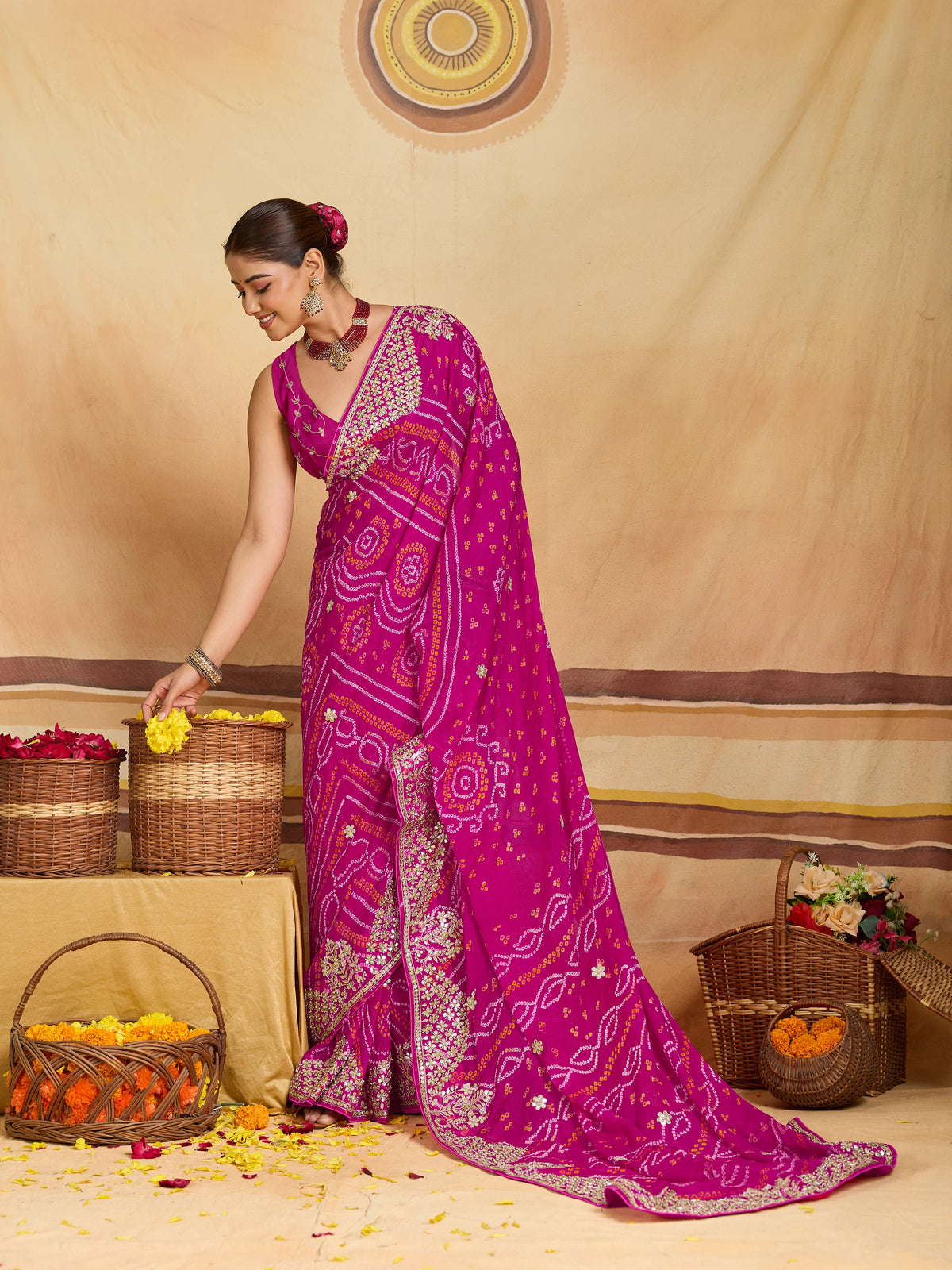 KcPc New Pure Ojariya Bandhani Saree with Gotapatti Work