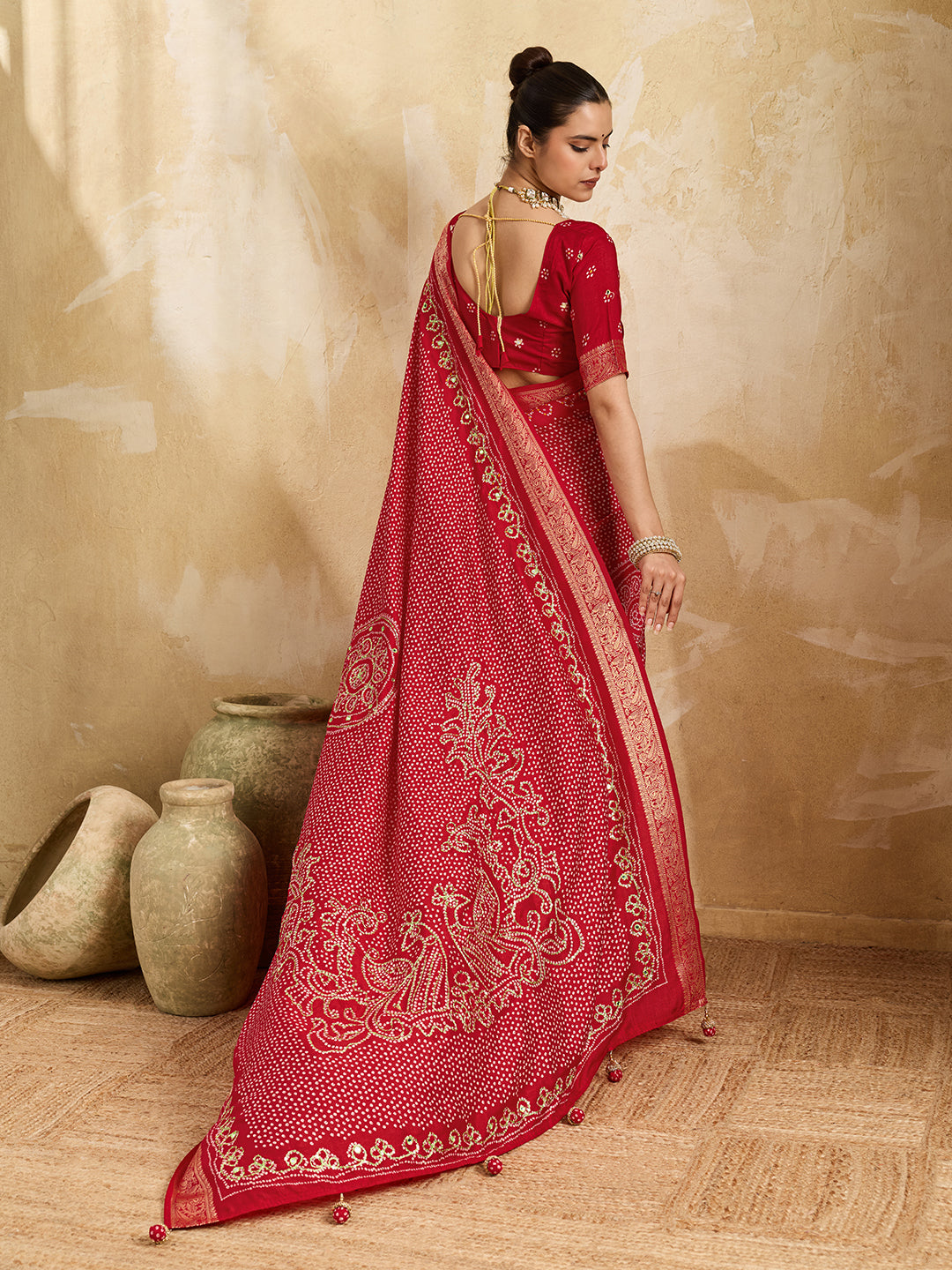 KcPc Designer Viscos Silk Bandhani PrintAari tari work SareeRed GAN