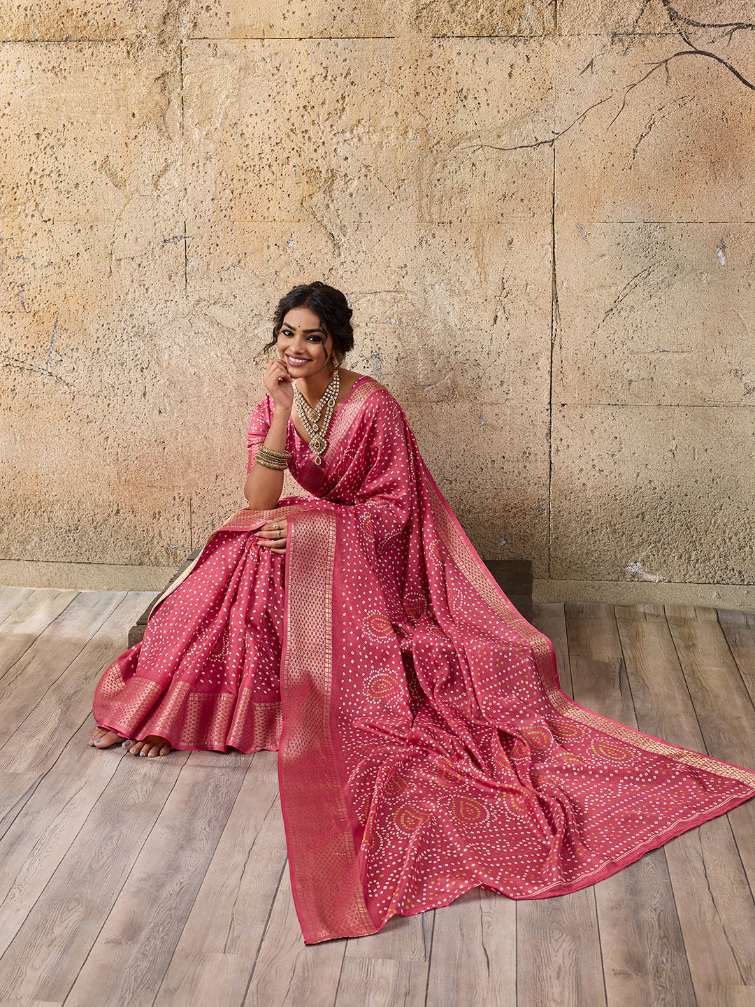Cotton silk Ajrakh styleSaree in peach colour