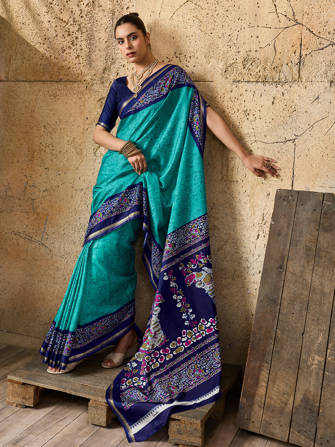By Latest Dola Silk Printed Style With Zari Border Work Saree