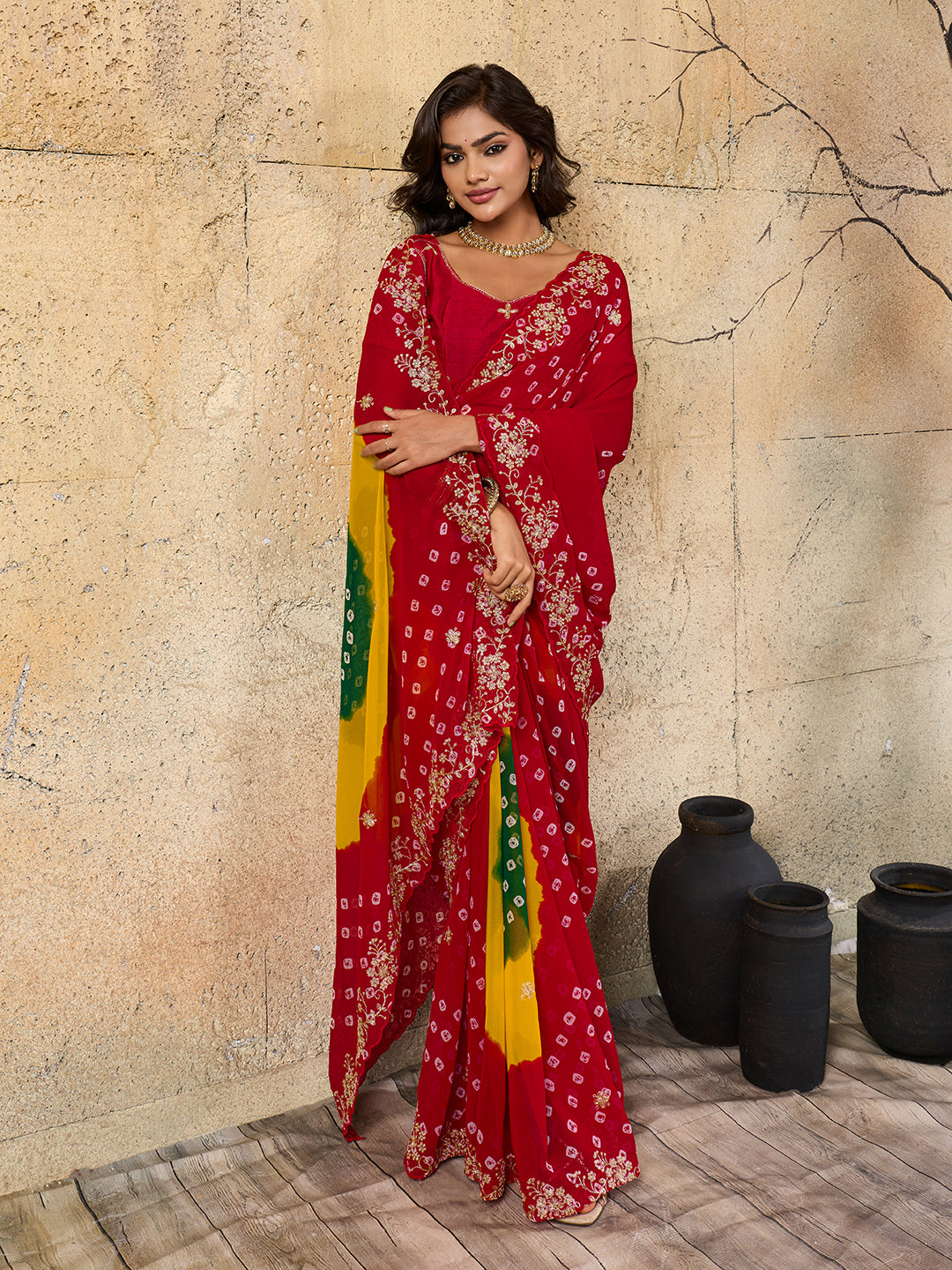 By Traditional Bandhani Style Georgette Saree Perfect Festive Collection