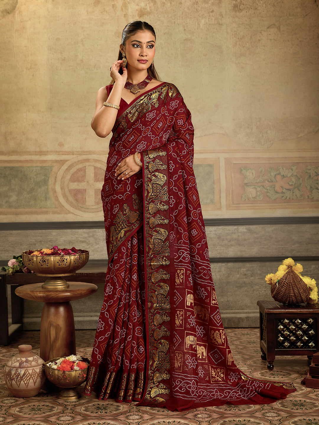 KcPc Special Royal Rajasthani Bandhani Viscose Saree with Elephant MotifsRJB