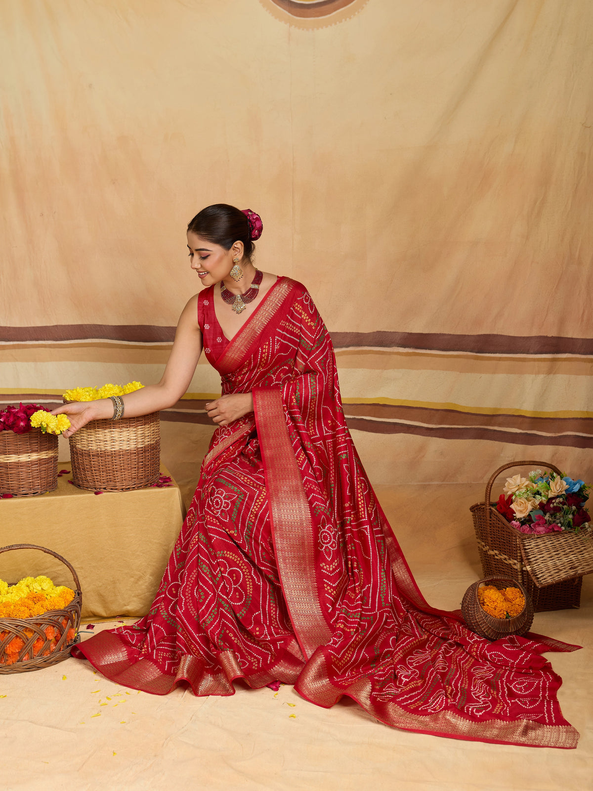 KcPc New Cotton Silk Bandhani Style With Zari Border Work Saree STL