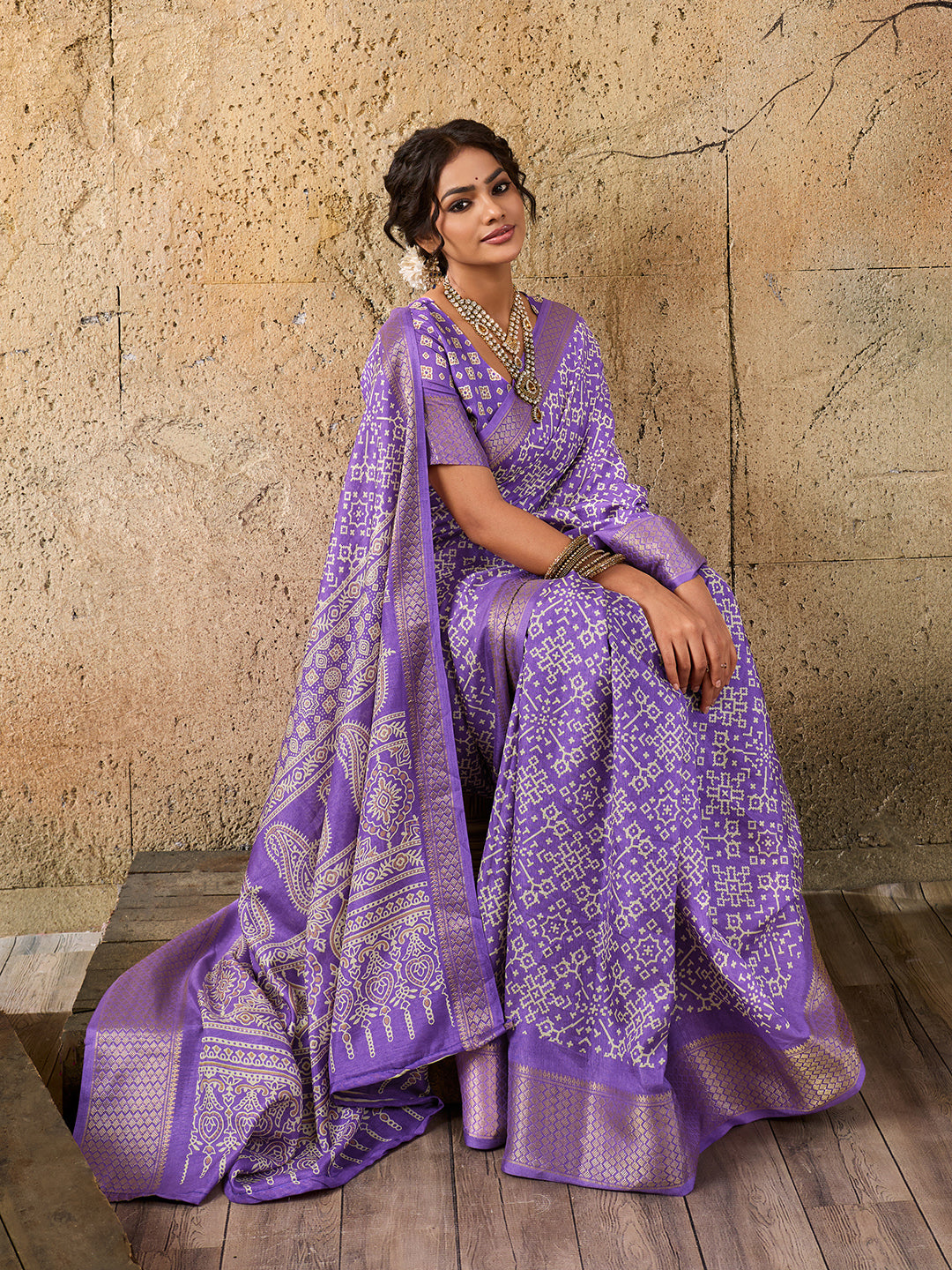 KcPc New Cotton silk Ajrakh style With Ajrakh HandPrint Work Saree STL