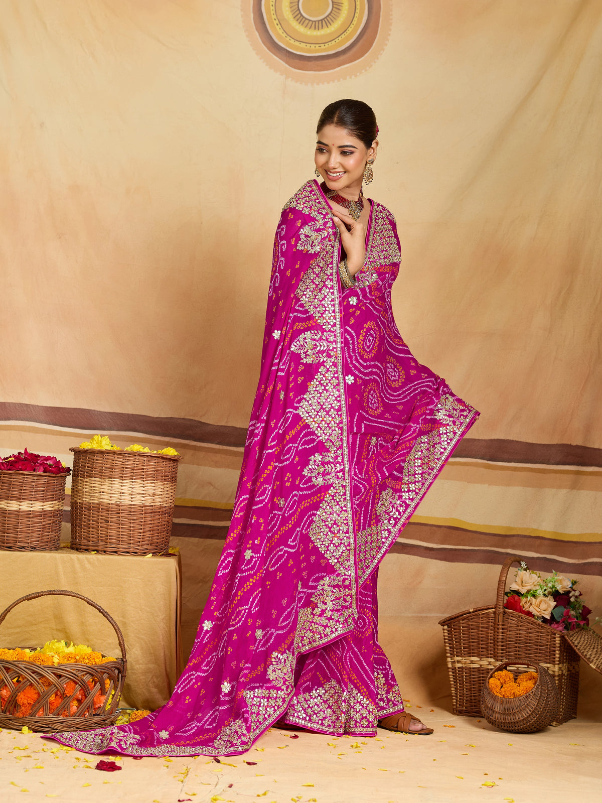 KcPc New Pure Ojariya Bandhani Saree with Gotapatti Work