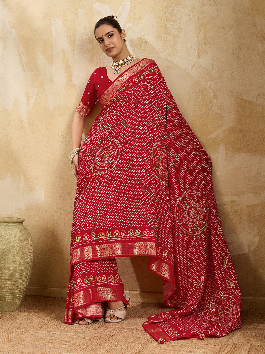 KcPc Designer Viscos Silk Bandhani PrintAari tari work SareeRed GAN