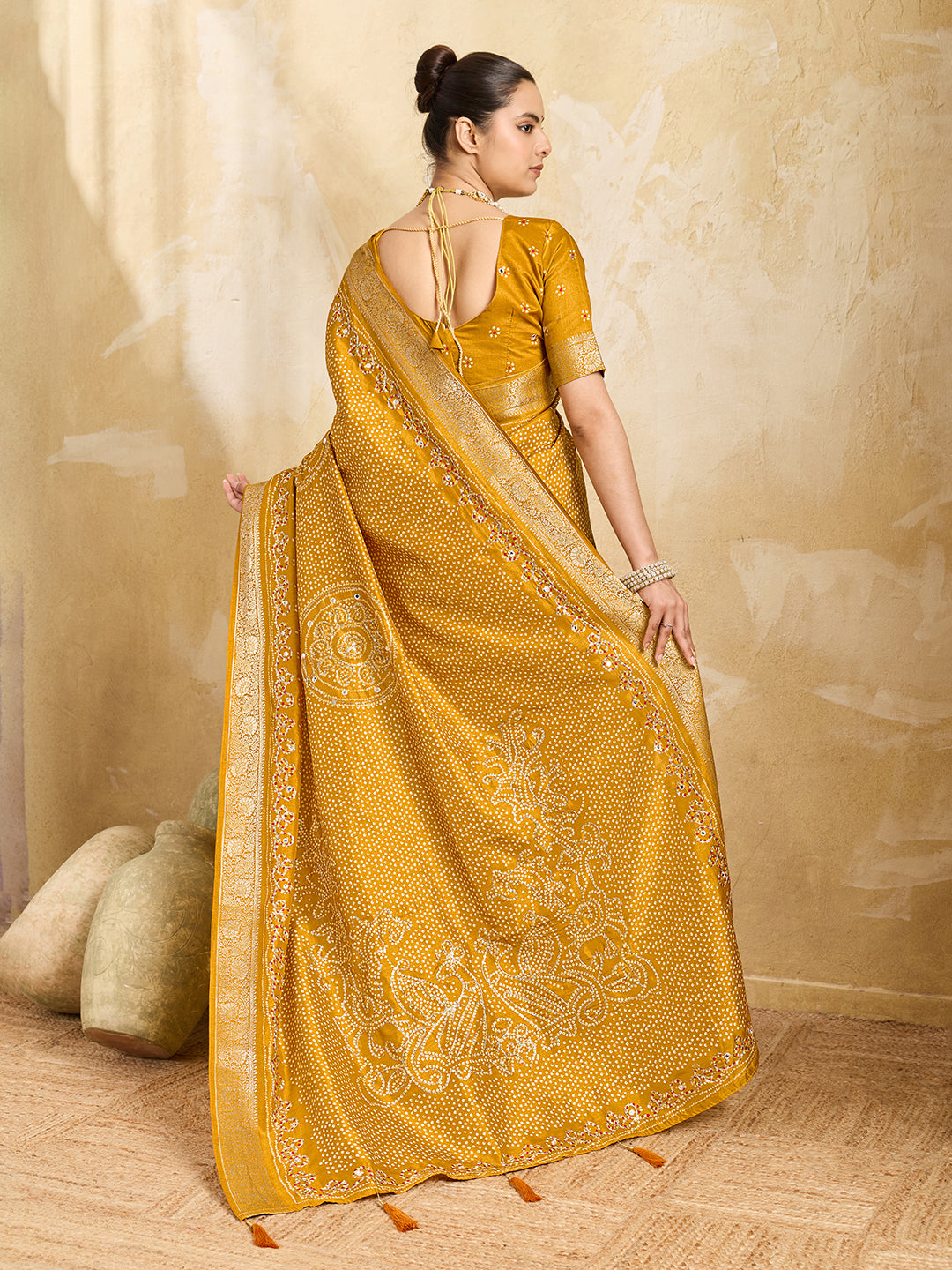 KcPc New Viscos Silk Bandhani Print Aari tari work Saree Green GAN