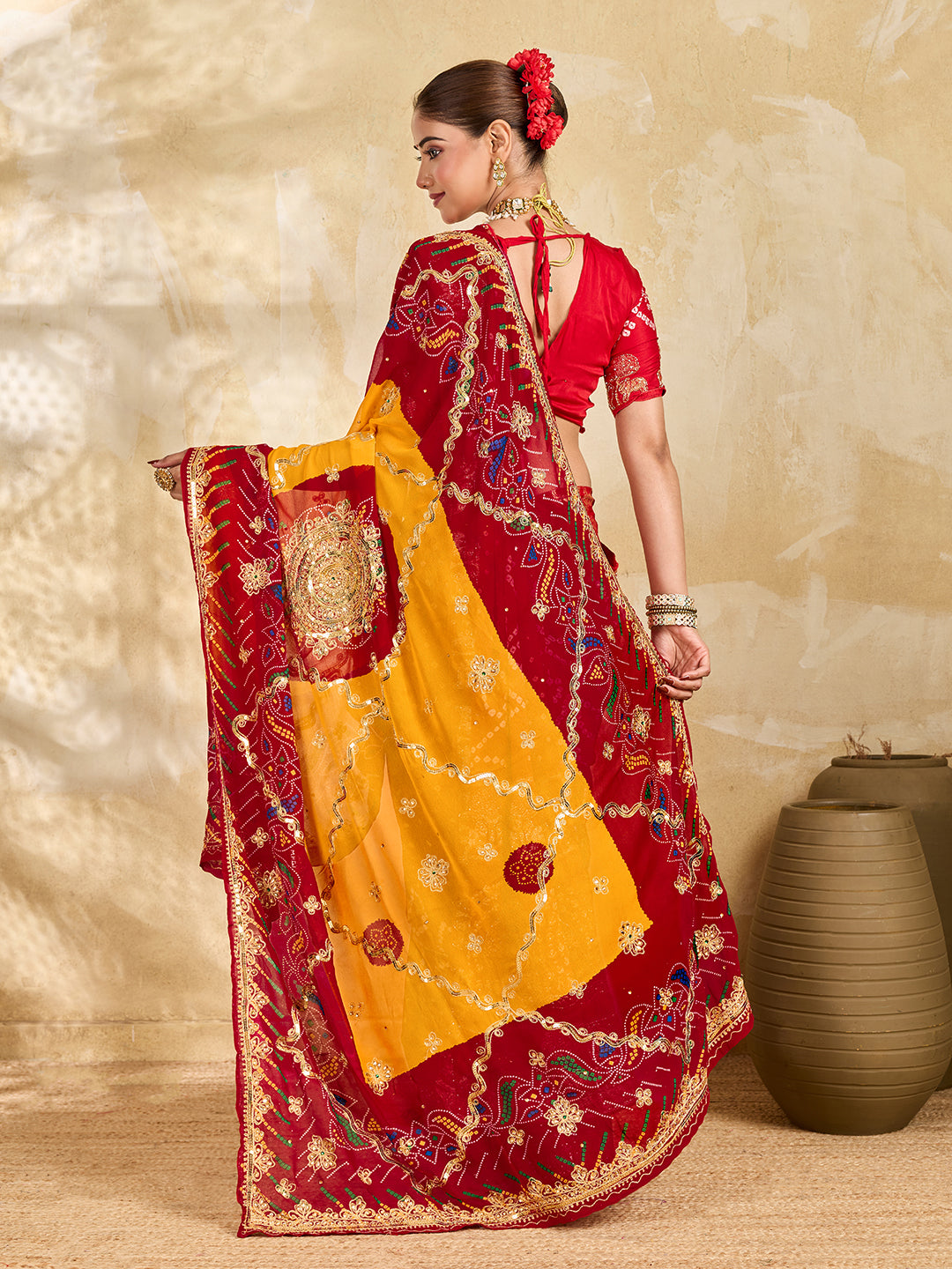 KcPc Pure Georgette Handmade Bandhej With Zari Thread Work Chunri (Pomcha)