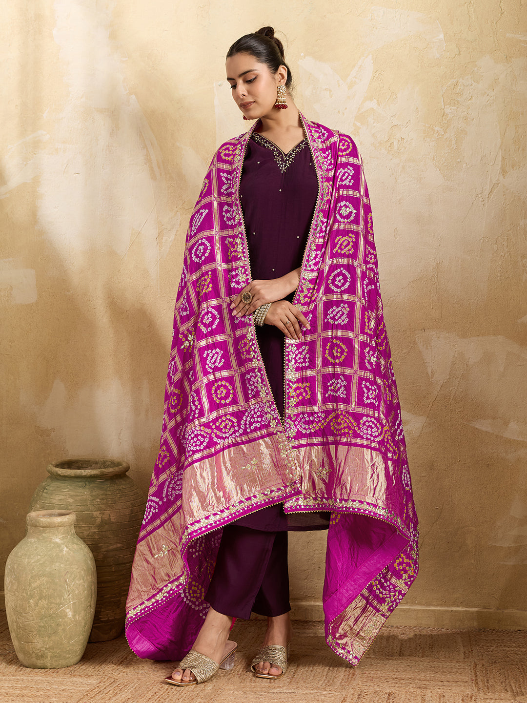 KcPc Traditional Modal Gaji Silk Bandhani Dupatta with Gota PattiGulinWork MEG