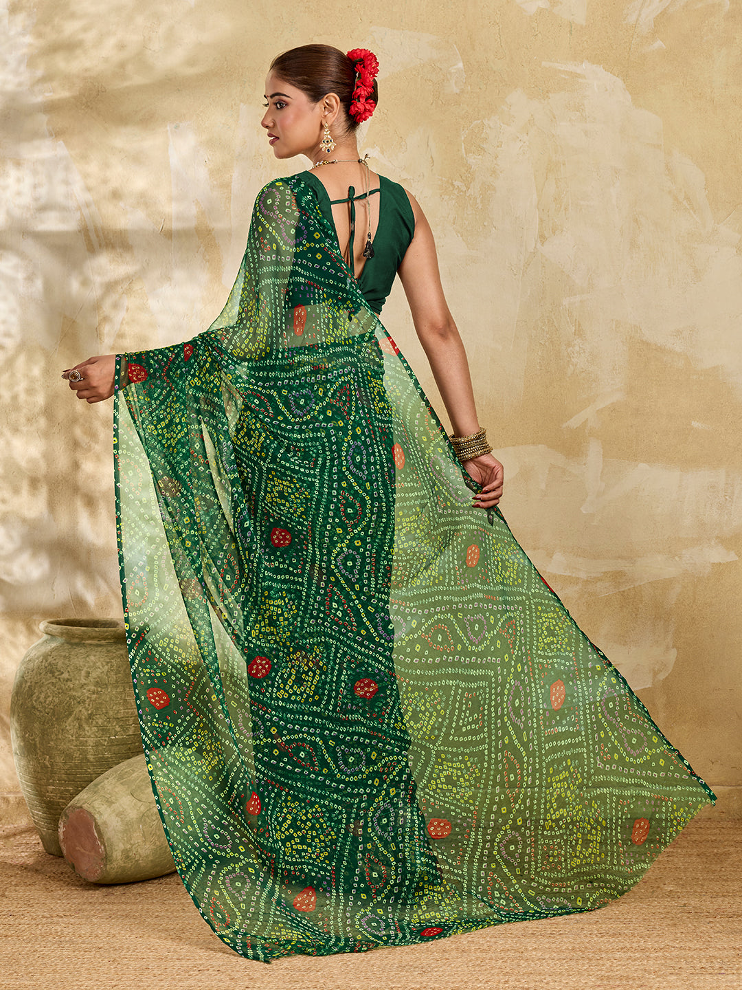 Buy green colour geometric patterned saree with bandhani style dots under 500