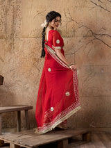 Buy Red saree with gold embroidery gatapati work in red colour