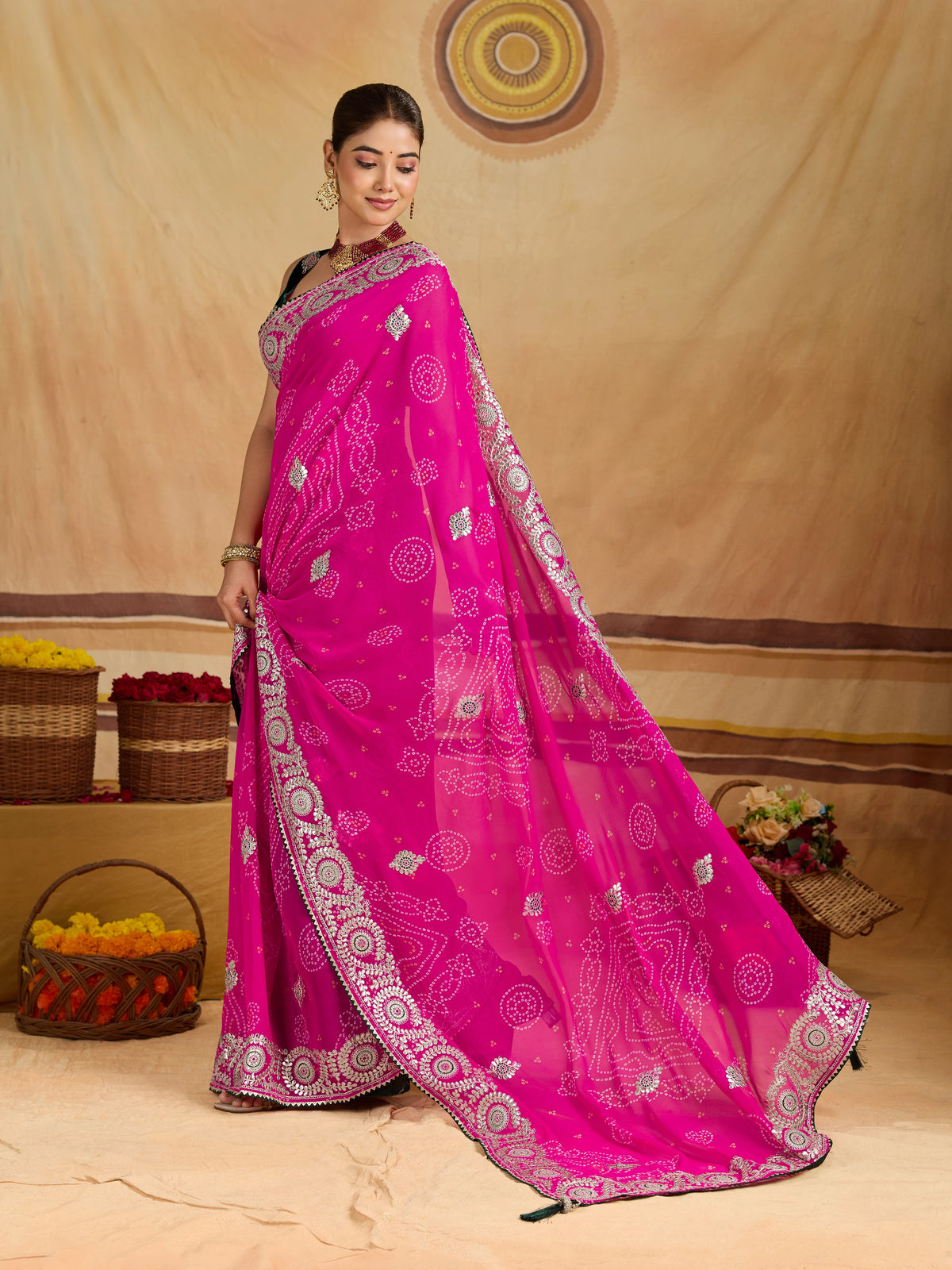 KcPc Georgette Bandhani Saree with Gotapatti Work AFN