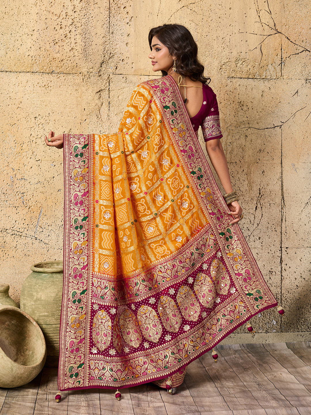 Georgette Gharchola Bandhej Cutdana Gotapatti Work Saree