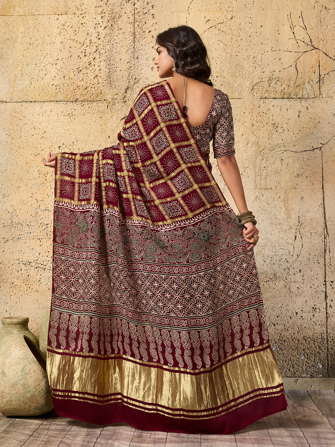 By Ajrakh saree With Traditional Wear