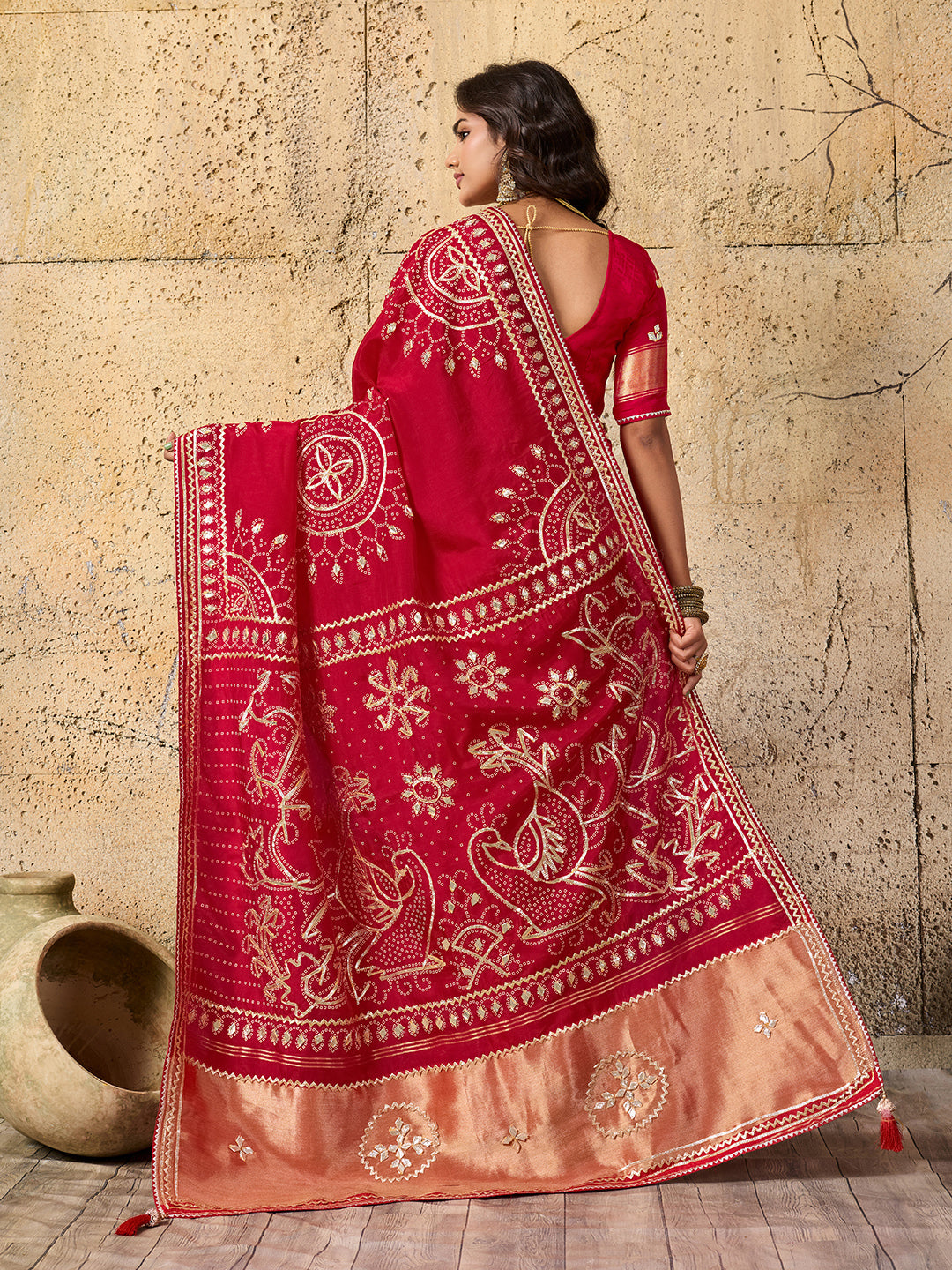 KcPc Royal Bandhani with Kachha Gota Patti Glow Modal Silk SareeAMT