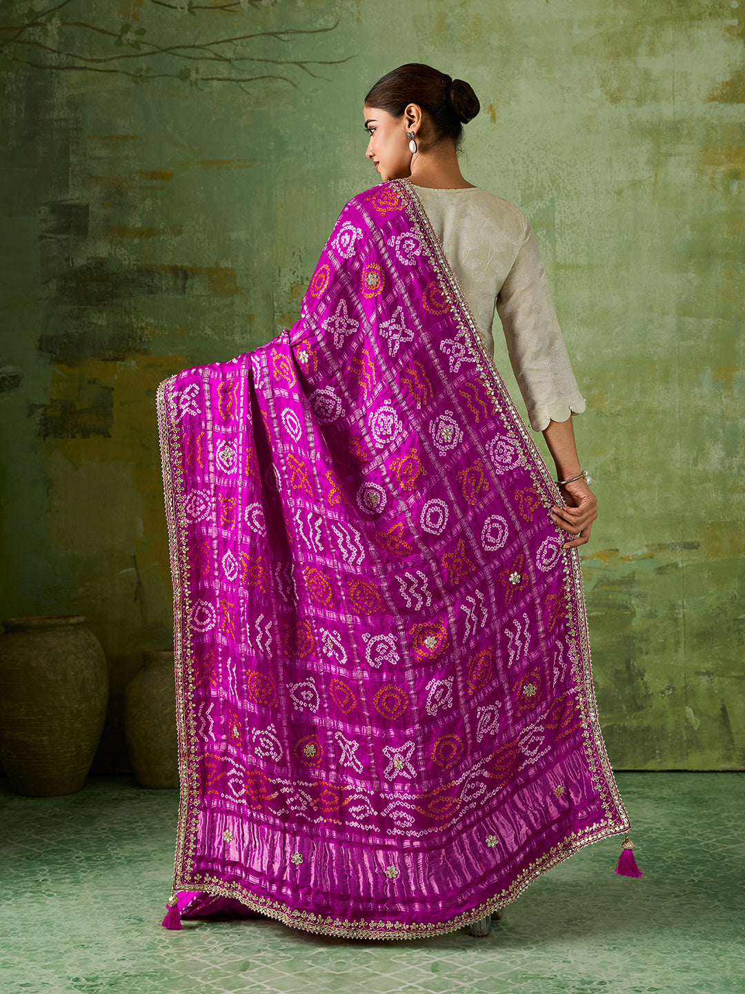 KcPc New Traditional Bandhani Style Gaji Silk Dupatta with Gota Patti WorkAMT