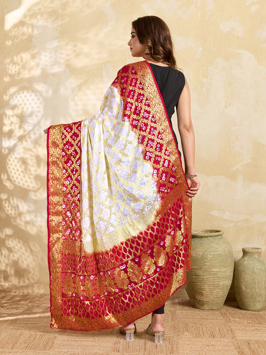 KcPc Special Silk Bandhani Dupatta with Handmade Work White RedSA