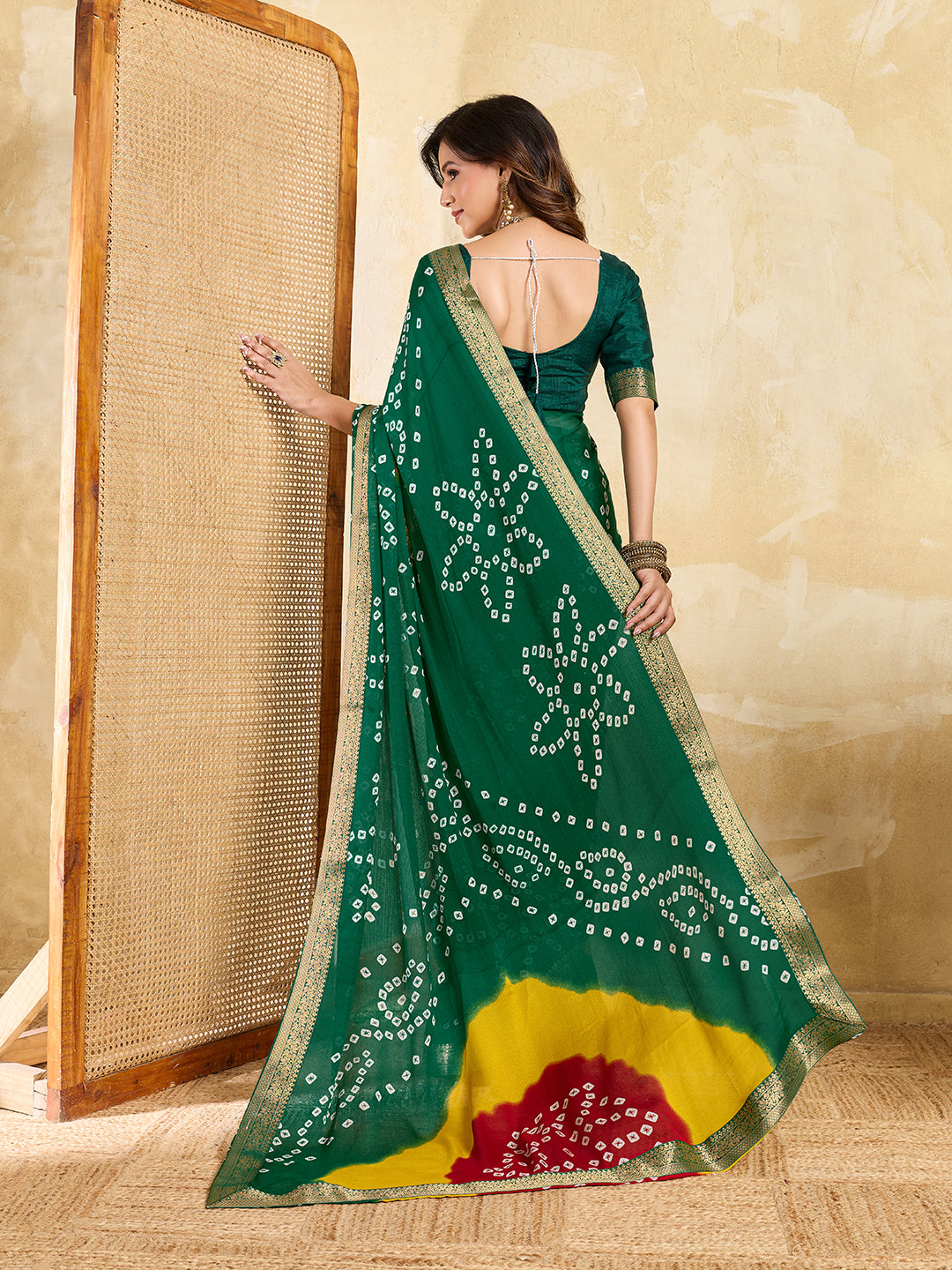 KcPc New Elegant Moss Chiffon Georgette Bandhani Saree with Zari Border KDN