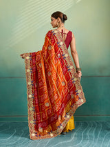 KcPc Traditional Gaji Silk Bandhani Pila Chunri with Zardosi Work With Silver Coins MNL