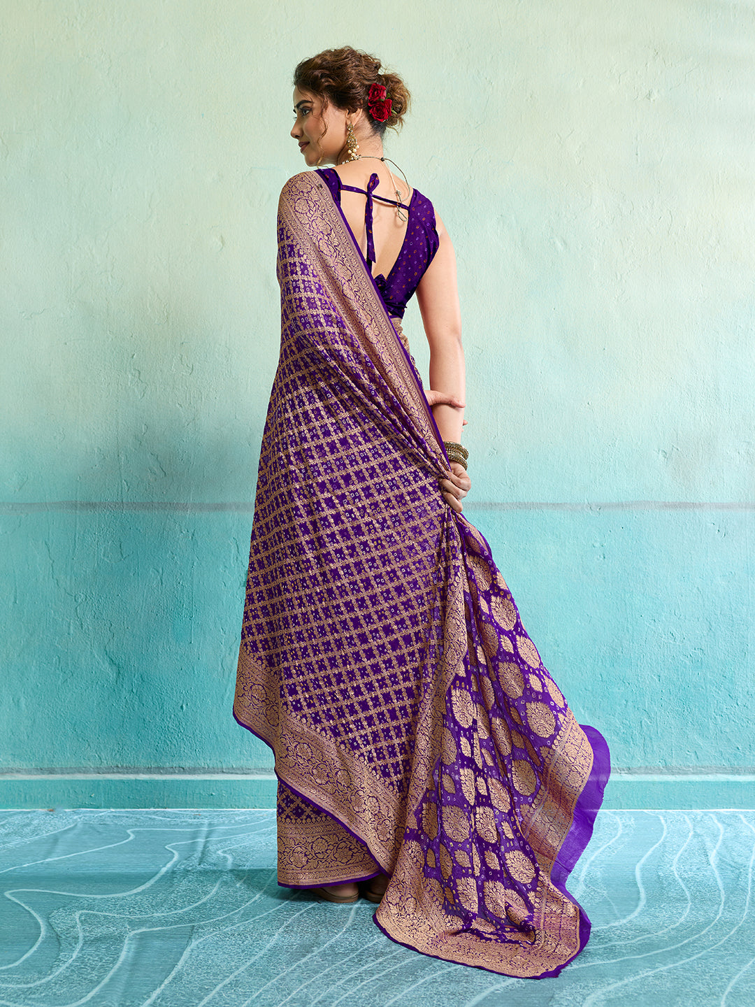 KcPc New Launch Pure Khaddi Georgette Upada Neemzari Bandhej SareePurple