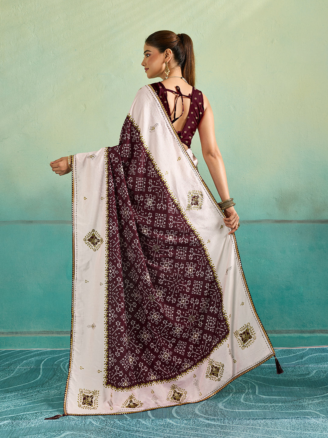KcPc New Latest Creap Silk Ajrakh Style With Stone Work Saree STR