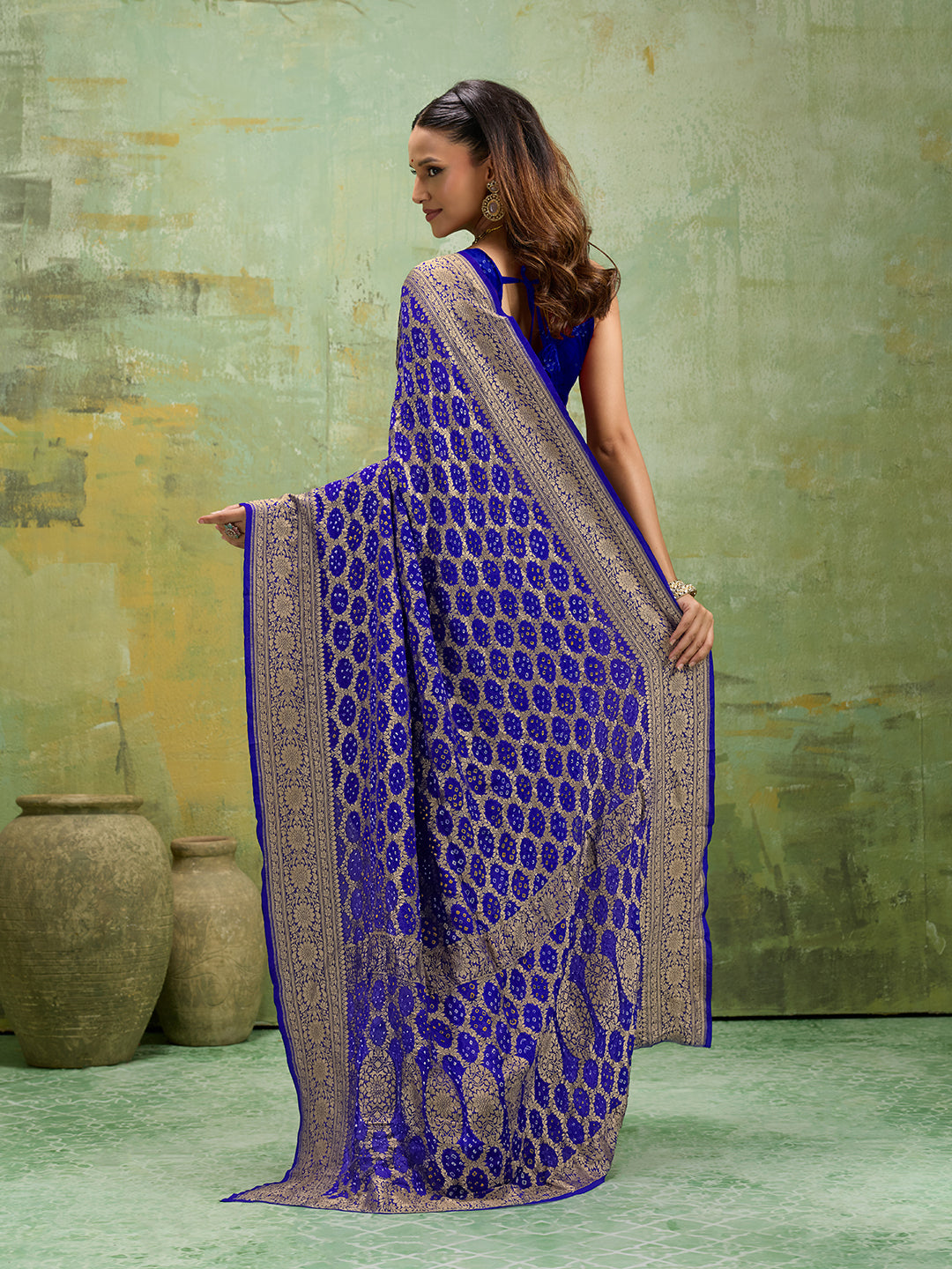 KcPc New Launch Pure Khaddi Georgette Upada Neemzari Bandhej SareeRoyal Blue