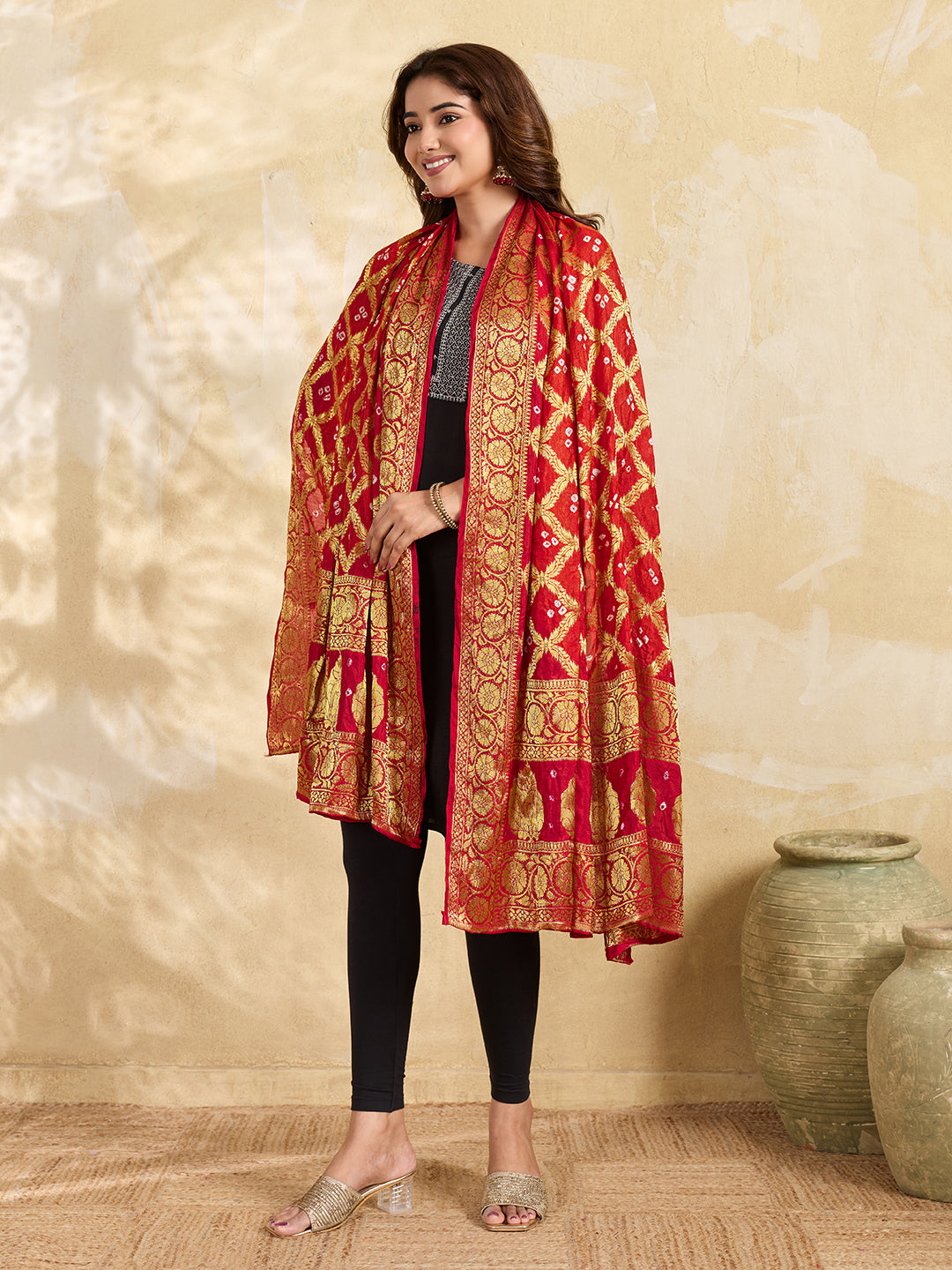 KcPc Special Silk Bandhani Dupatta with Handmade Work Orange RedSA