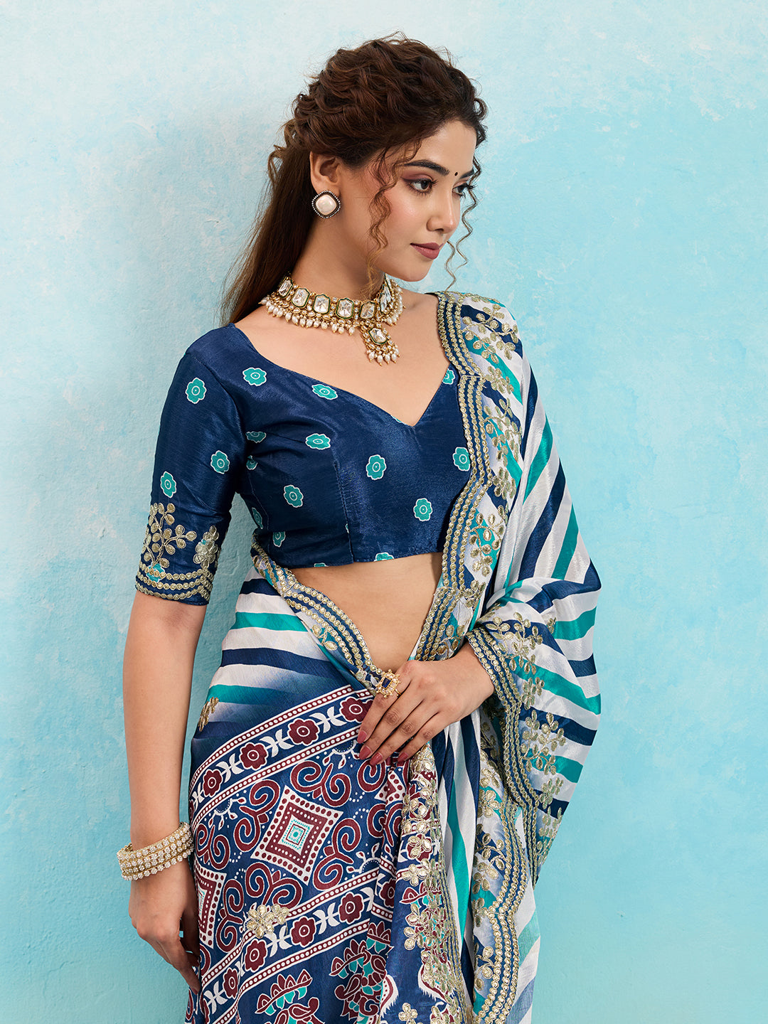 Buy Leheriya Chinon Silk Saree with Gotapatti Work