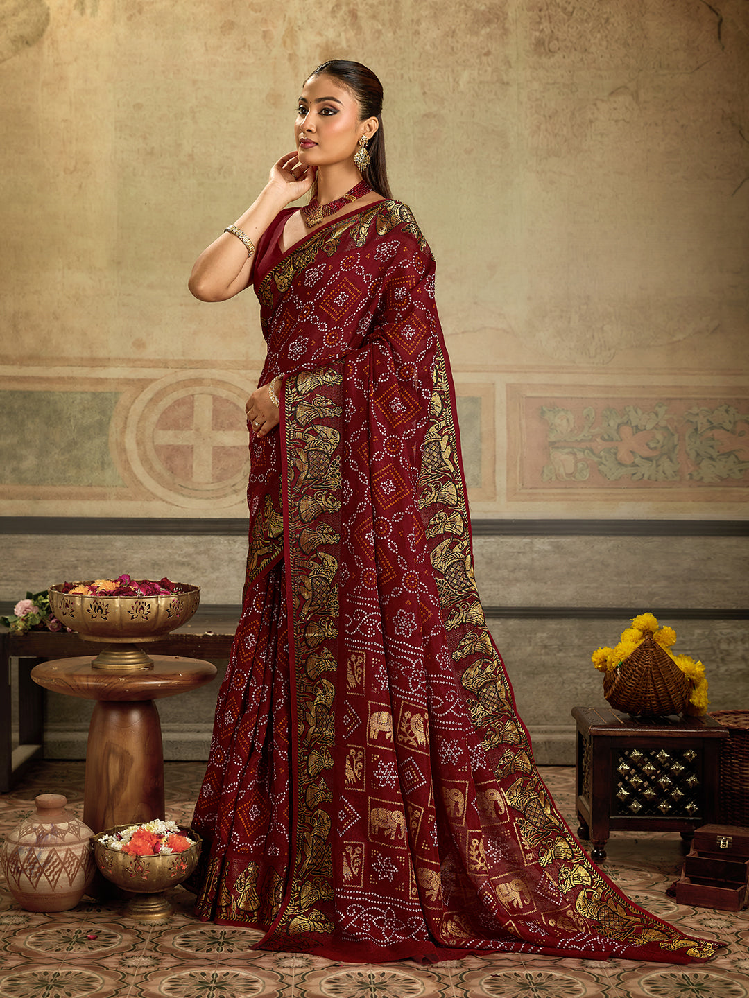 KcPc Special Royal Rajasthani Bandhani Viscose Saree with Elephant MotifsRJB