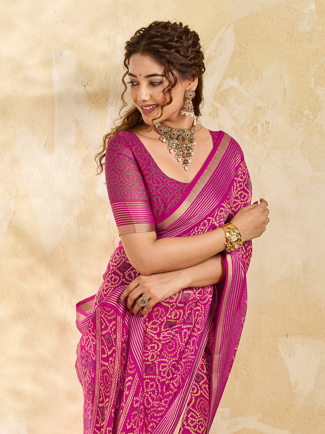 Buy Stylish Bandhani Chiffon Saree Kcpc Image 4