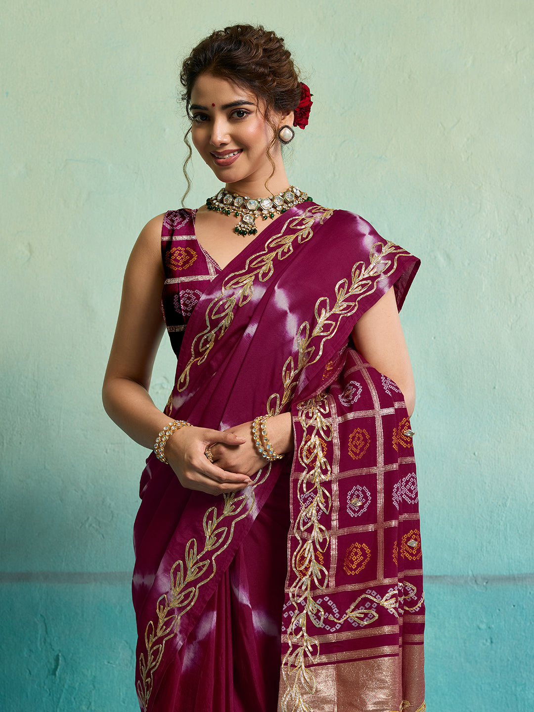 Buy Bandhani Saree with Gotapatti Work