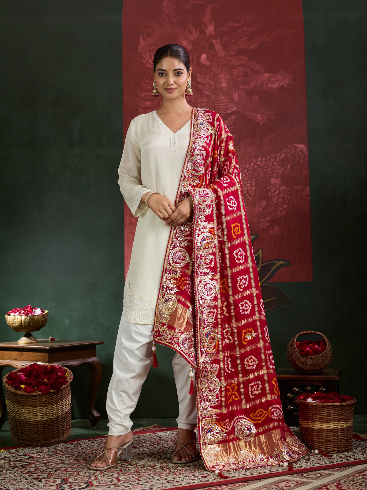 KcPc Designer Pure Gaji Silk Banarasi Bandhej Ghatchola Gotapatti Work DupattaAMT