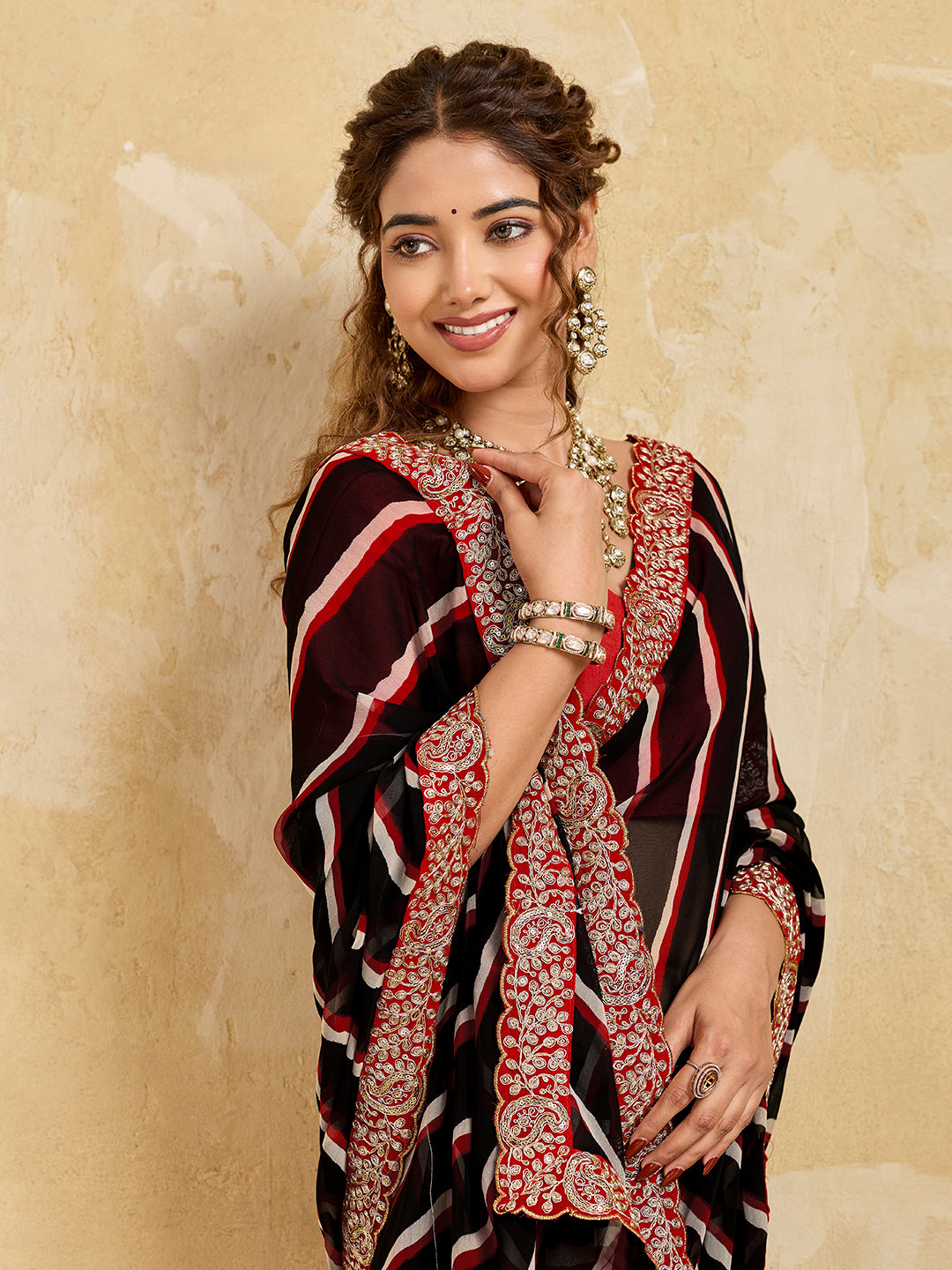 By New Launch Chiffon Leheriya Style With Embroidery Border Work Saree
