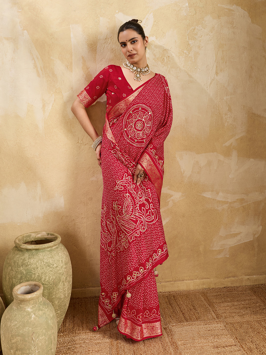 KcPc Designer Viscos Silk Bandhani PrintAari tari work SareeRed GAN