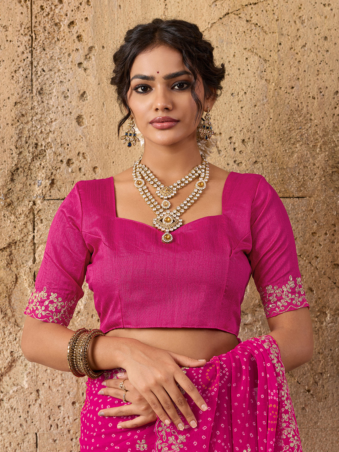 Chiffon Hand Pitta Aari Work Bandhani Sareein rani colour