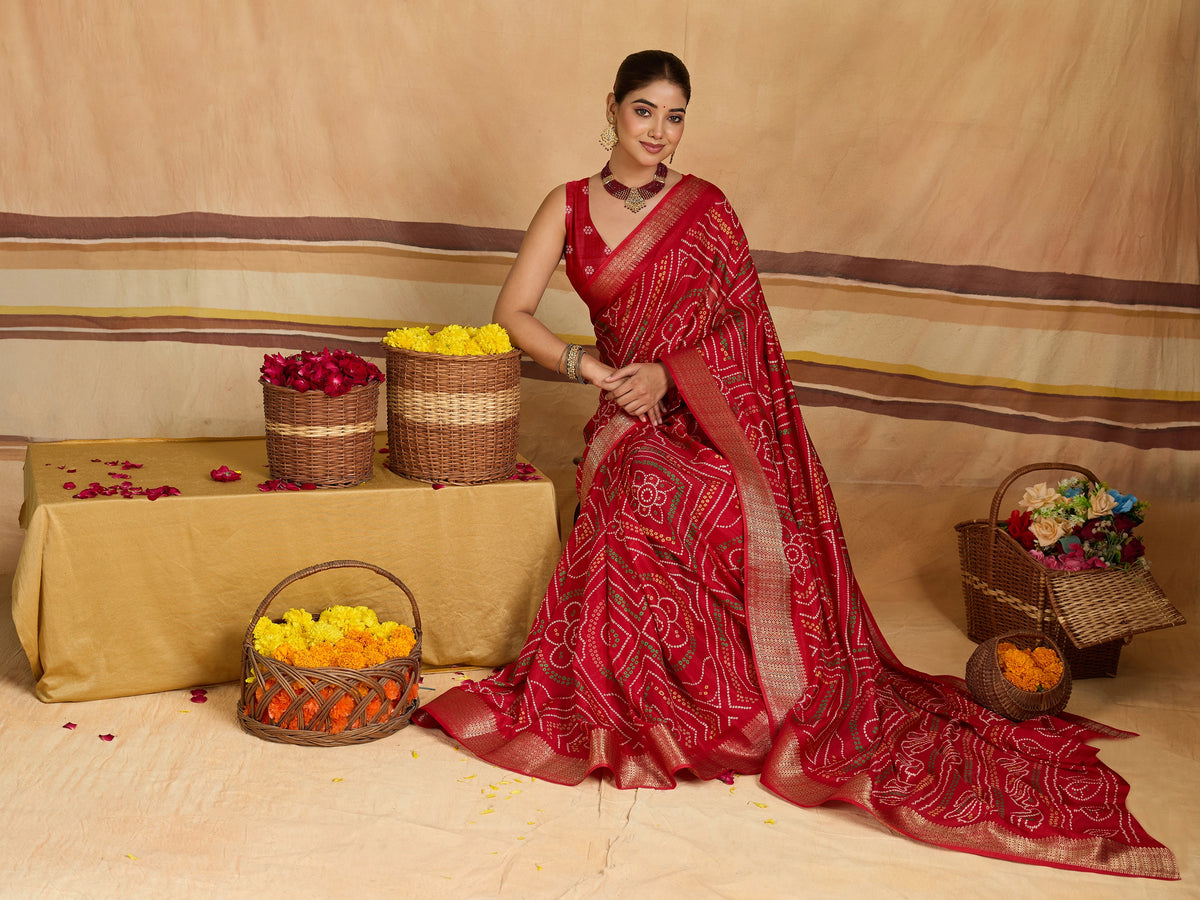 KcPc New Cotton Silk Bandhani Style With Zari Border Work Saree STL